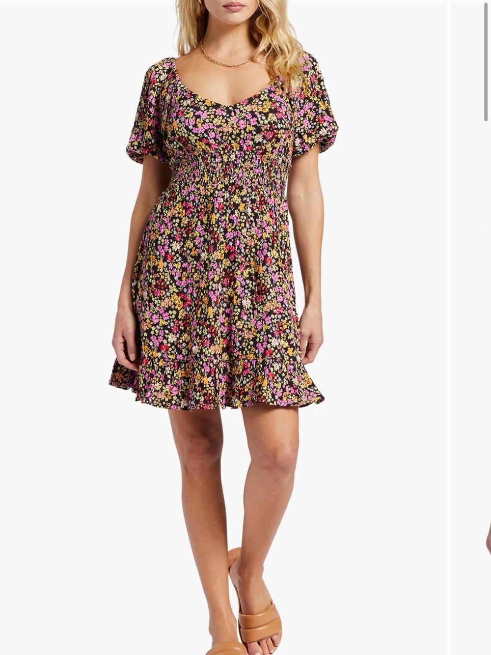Billabong Something Nice Black Floral Smocked Mini Dress